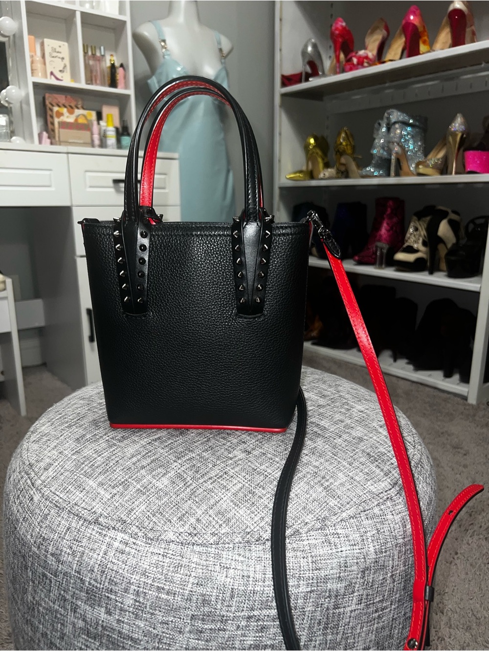 Christian Louboutin Black Pebbled Mini Tote with Red Trim and Strap